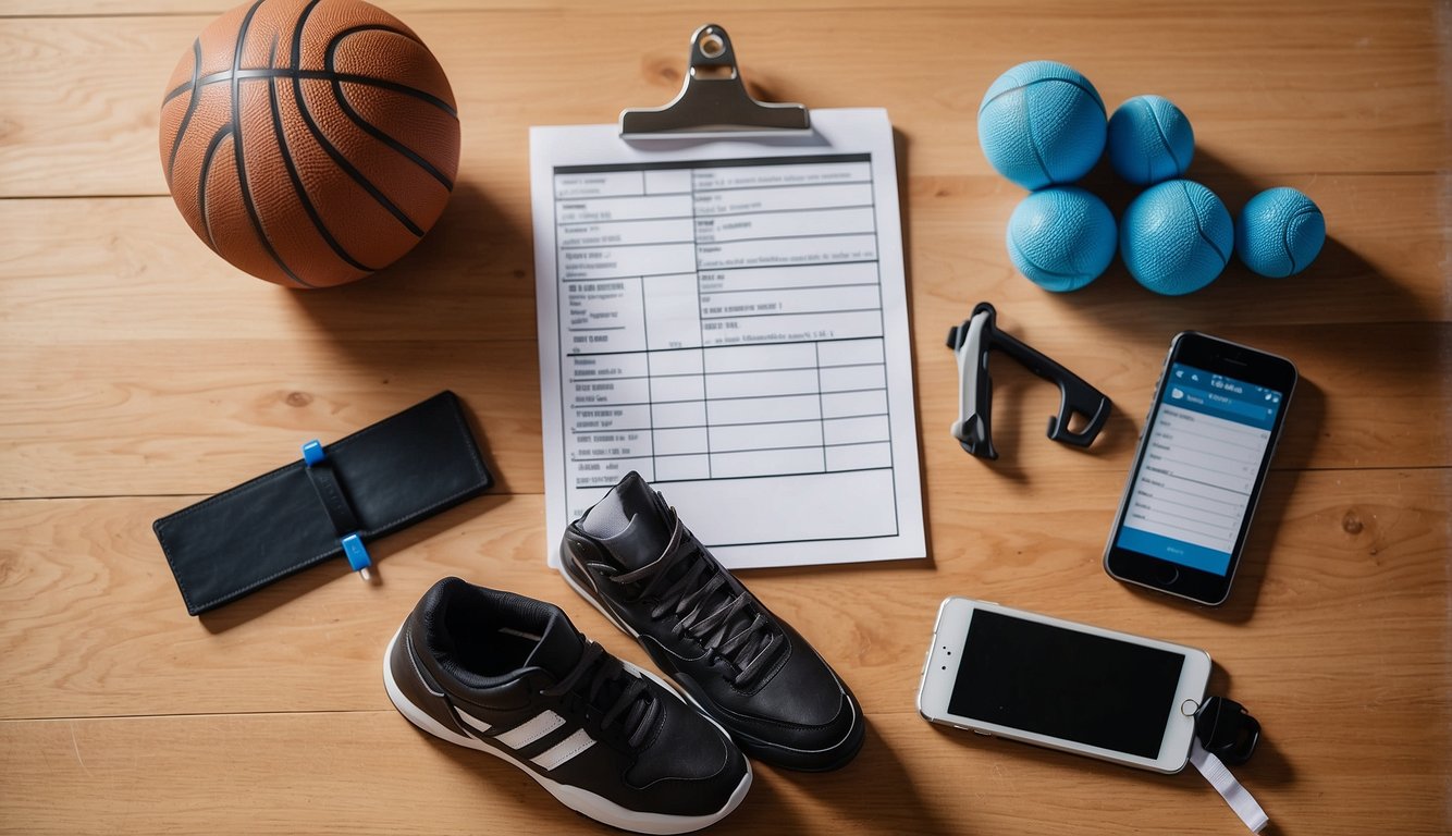 Basketball checklist laid out on a wooden floor with a basketball, water bottle, and sneakers. A clipboard with a checklist and a pen next to it