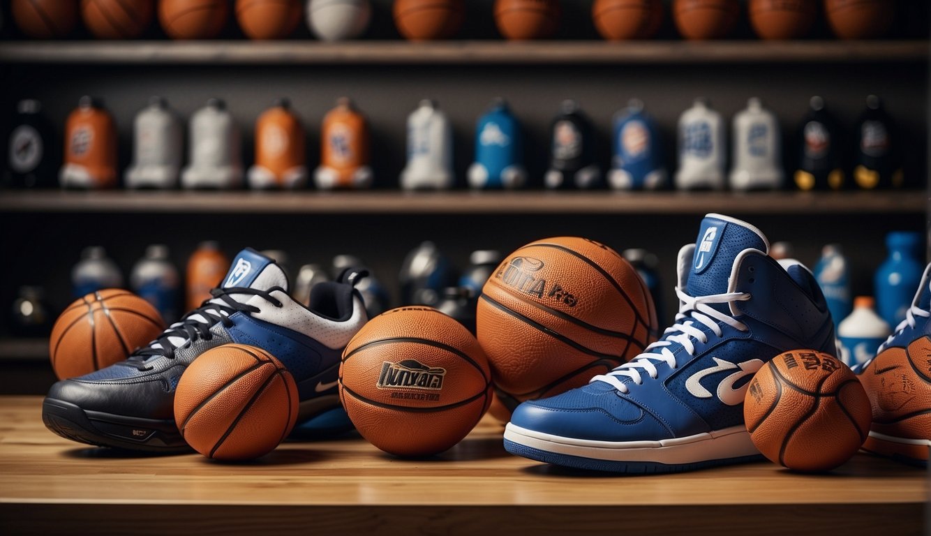 A table with basketball gear: jerseys, shoes, balls, and water bottles. Posters of famous players and team logos adorn the walls