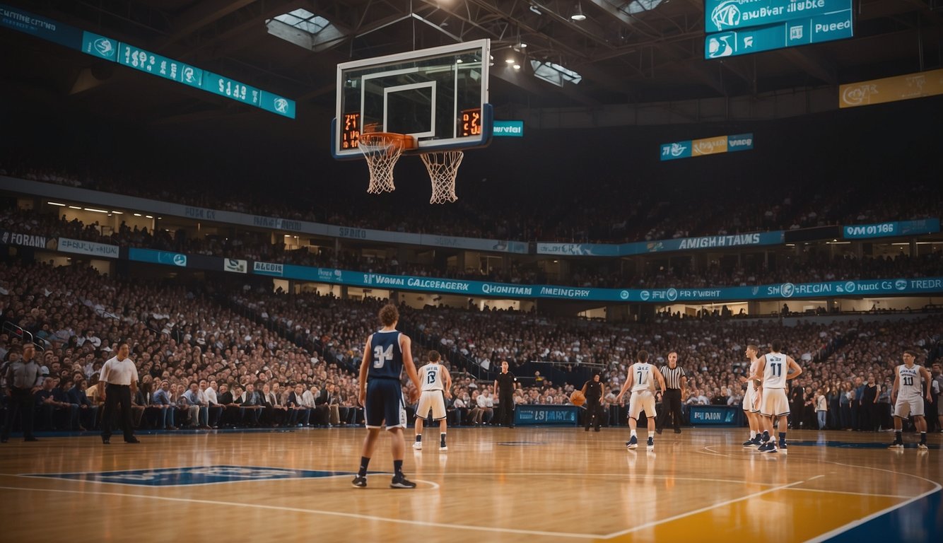 A basketball court with trivia questions displayed on the scoreboard and fans eagerly participating in the game