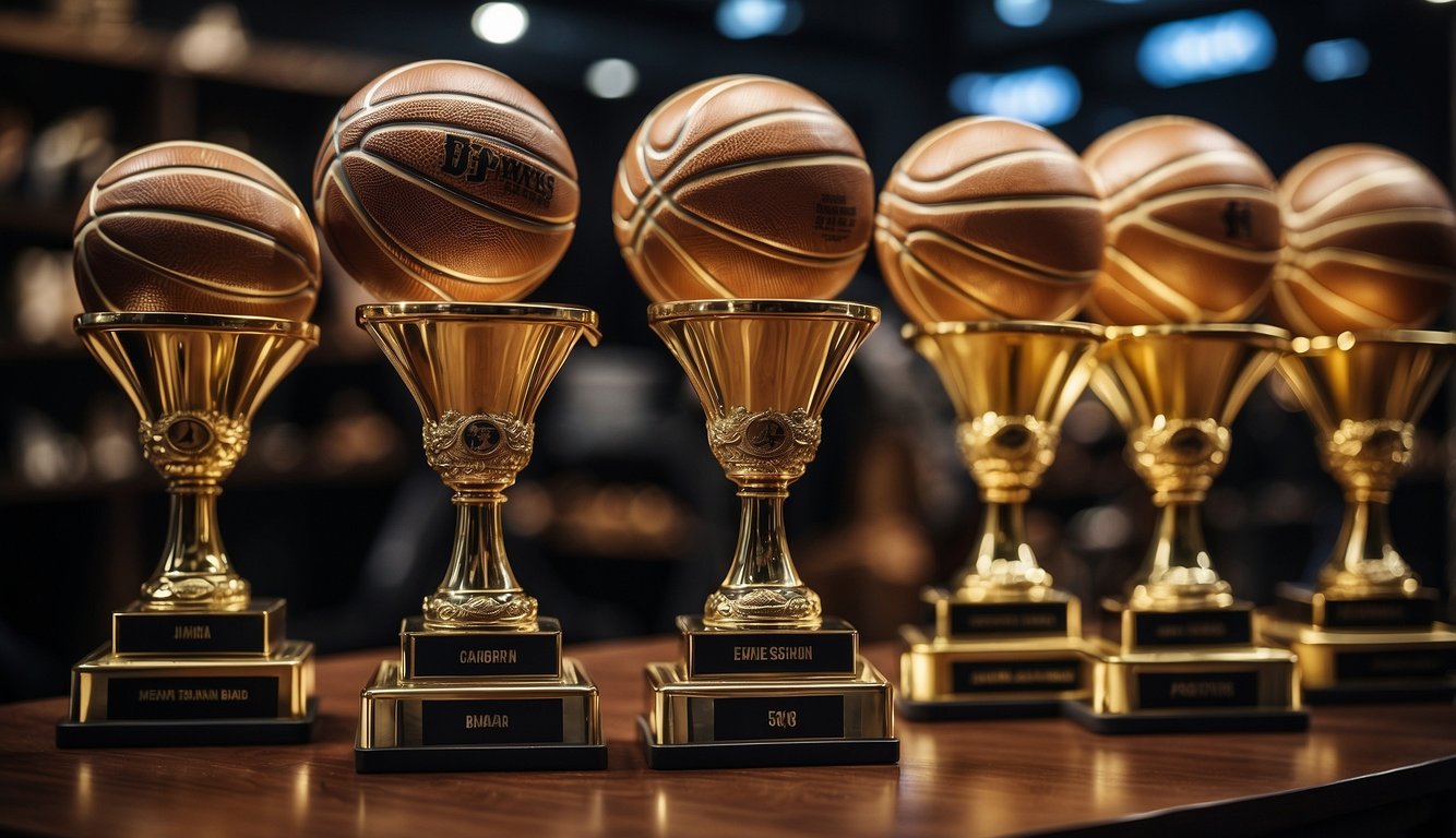 Basketball trophies and jerseys displayed with question cards and answers