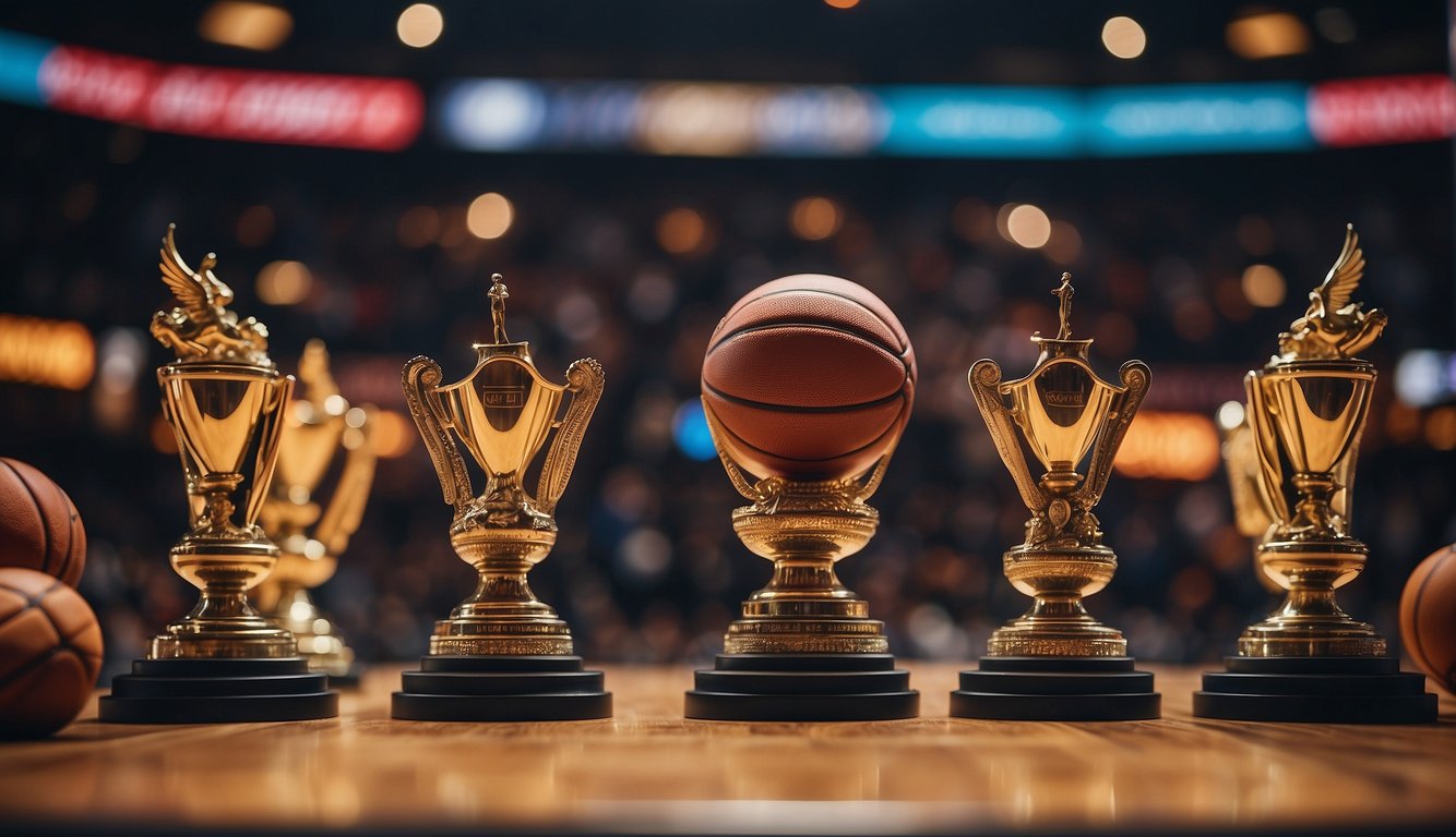 Players competing in a basketball trivia tournament, surrounded by banners and trophies representing different seasons