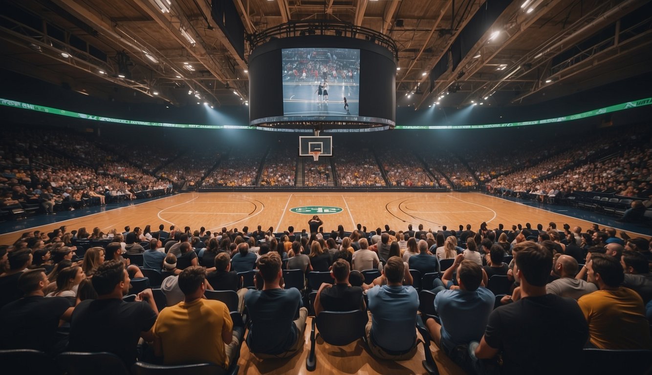 A basketball court with trivia questions displayed on a large screen. Players studying notes and discussing answers