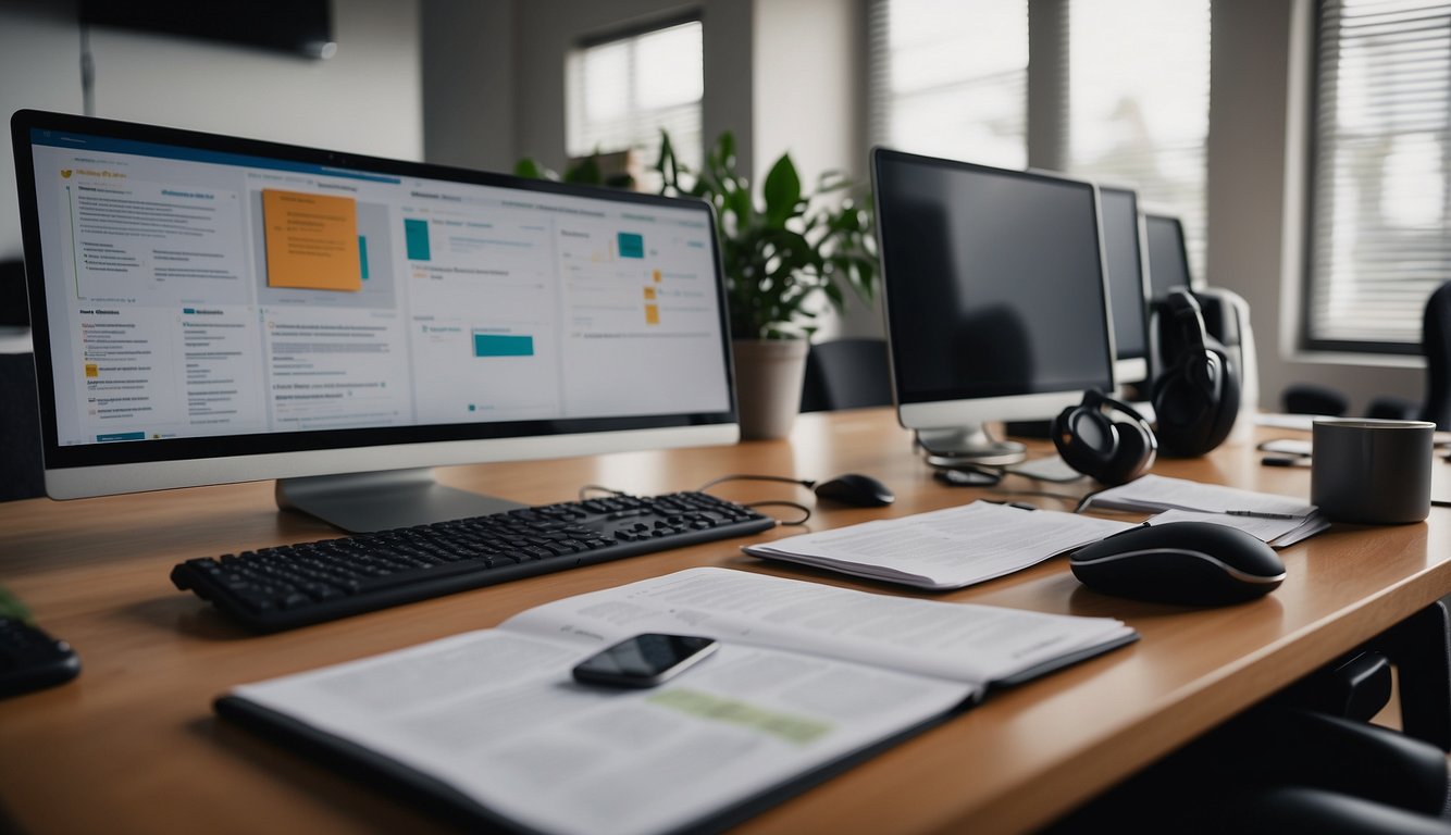 A desk cluttered with resumes, a laptop open to a job posting, a phone ringing off the hook, and a whiteboard filled with coaching strategies