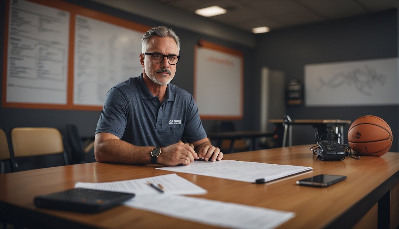 The basketball coach sits at a desk, reviewing a list of position-related questions. A whiteboard in the background displays diagrams of basketball plays