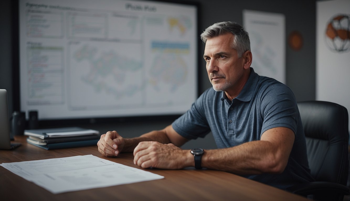 A basketball coach sits at a desk, answering career trajectory and goals questions. A whiteboard behind them displays a strategic game plan