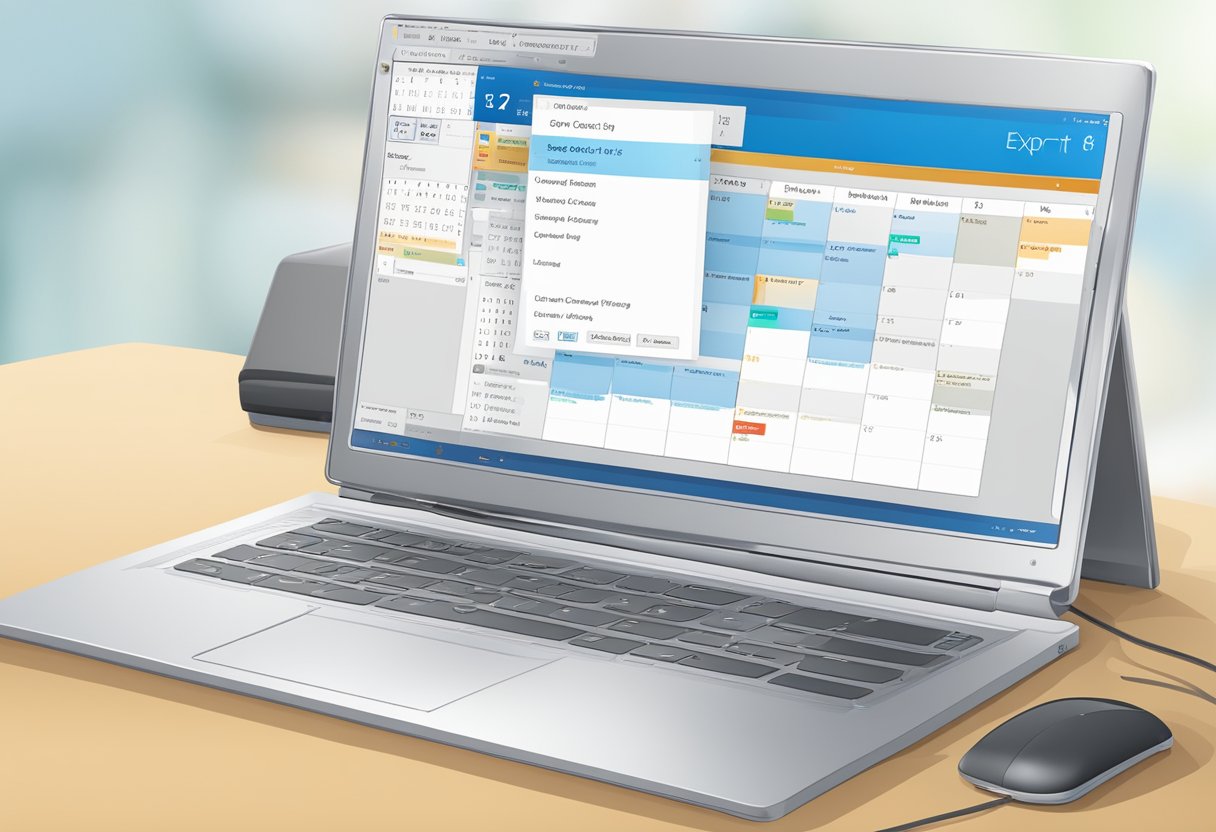 A computer screen displaying the Outlook calendar with a cursor clicking on the "Export" button