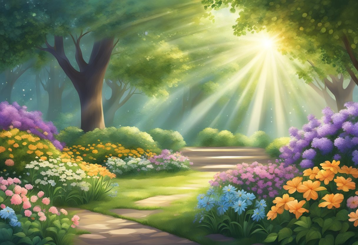 A serene garden with rays of light shining down on a collection of 50 prayer points for healing, surrounded by blooming flowers and lush greenery