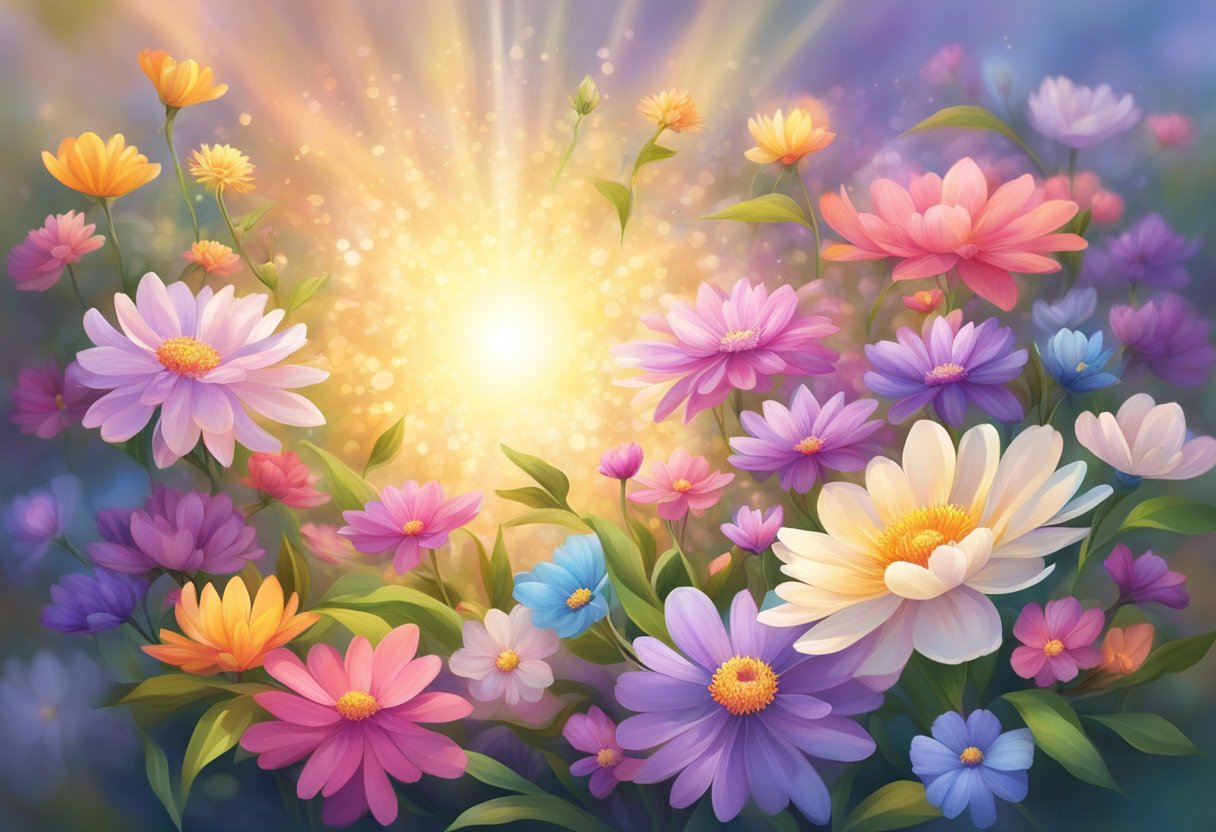 A serene, glowing light radiates from a cluster of colorful, blooming flowers, surrounded by swirling energy and a sense of peace and healing