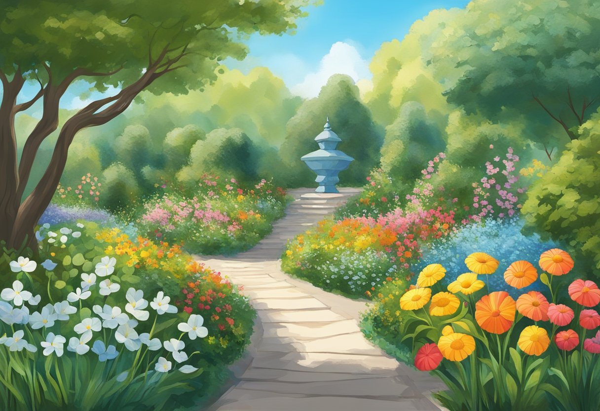 A serene garden with vibrant flowers and a clear blue sky, symbolizing physical health and healing