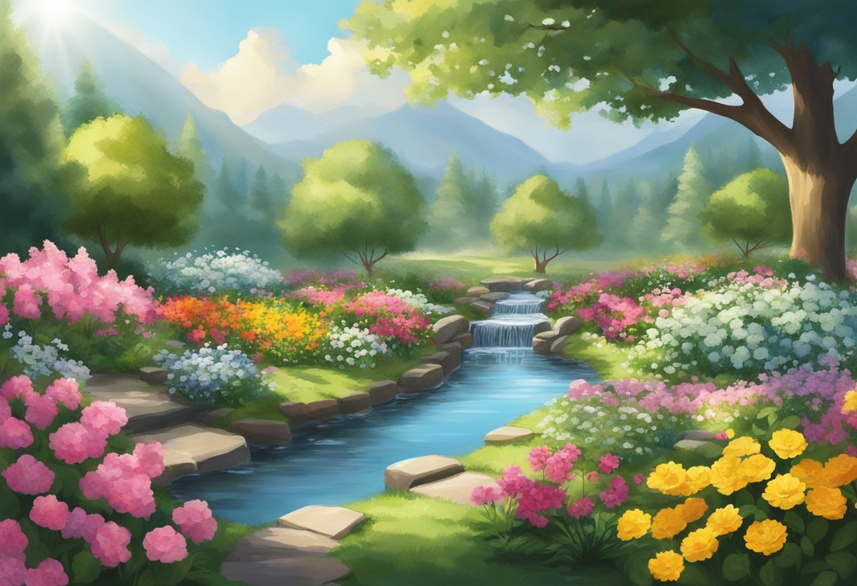 A serene garden with rays of sunlight breaking through the clouds, surrounded by blooming flowers and a peaceful stream flowing through the landscape
