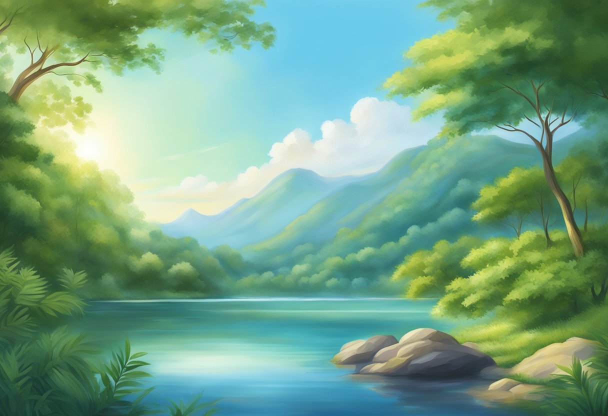 A serene landscape with a peaceful atmosphere, featuring a clear blue sky, lush greenery, and a tranquil body of water, evoking a sense of spiritual restoration and healing