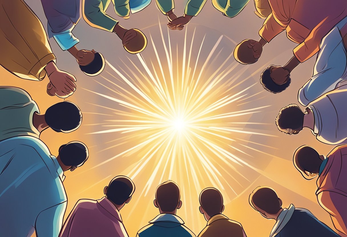 A group of people gather in a circle, heads bowed in prayer, surrounded by rays of light symbolizing healing energy