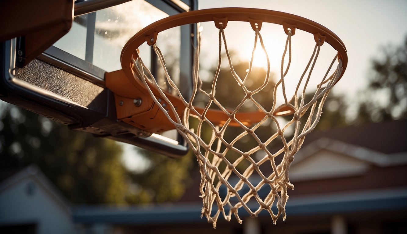 A basketball rim hangs from a backboard, with a net attached. The hoop is mounted on a pole, with a base filled with sand or water for stability