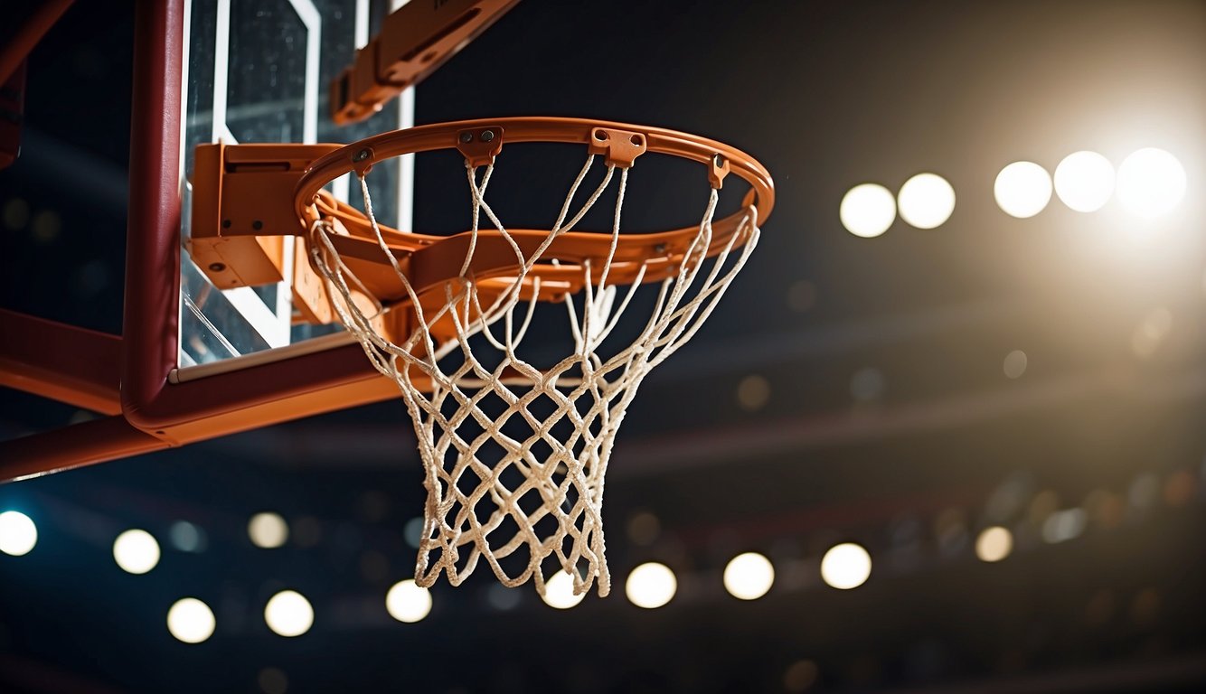 A basketball ring hangs from a backboard, ready for a game-winning shot. The court is empty, waiting for the next intense match