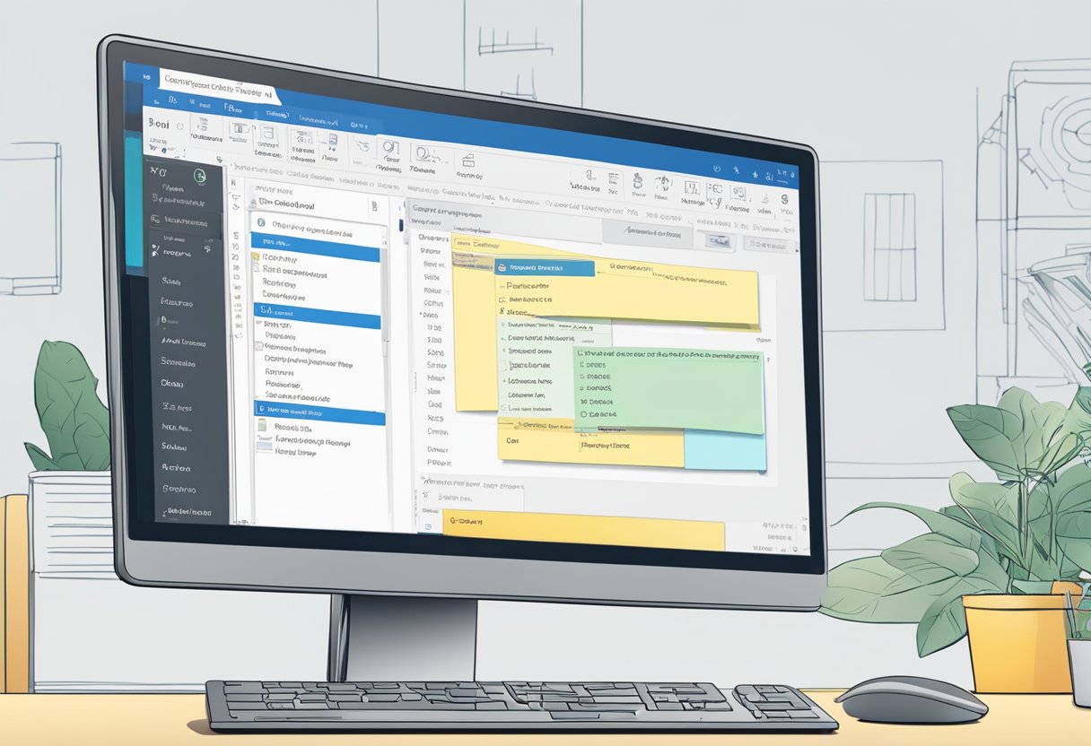 A computer screen displaying the Outlook interface with the "Automatic Replies" option highlighted. The user is selecting the dates and composing the out of office message