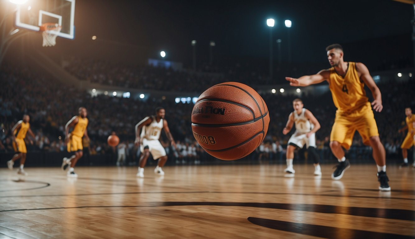 A basketball bouncing on a court, surrounded by players in motion, with the hoop in the background