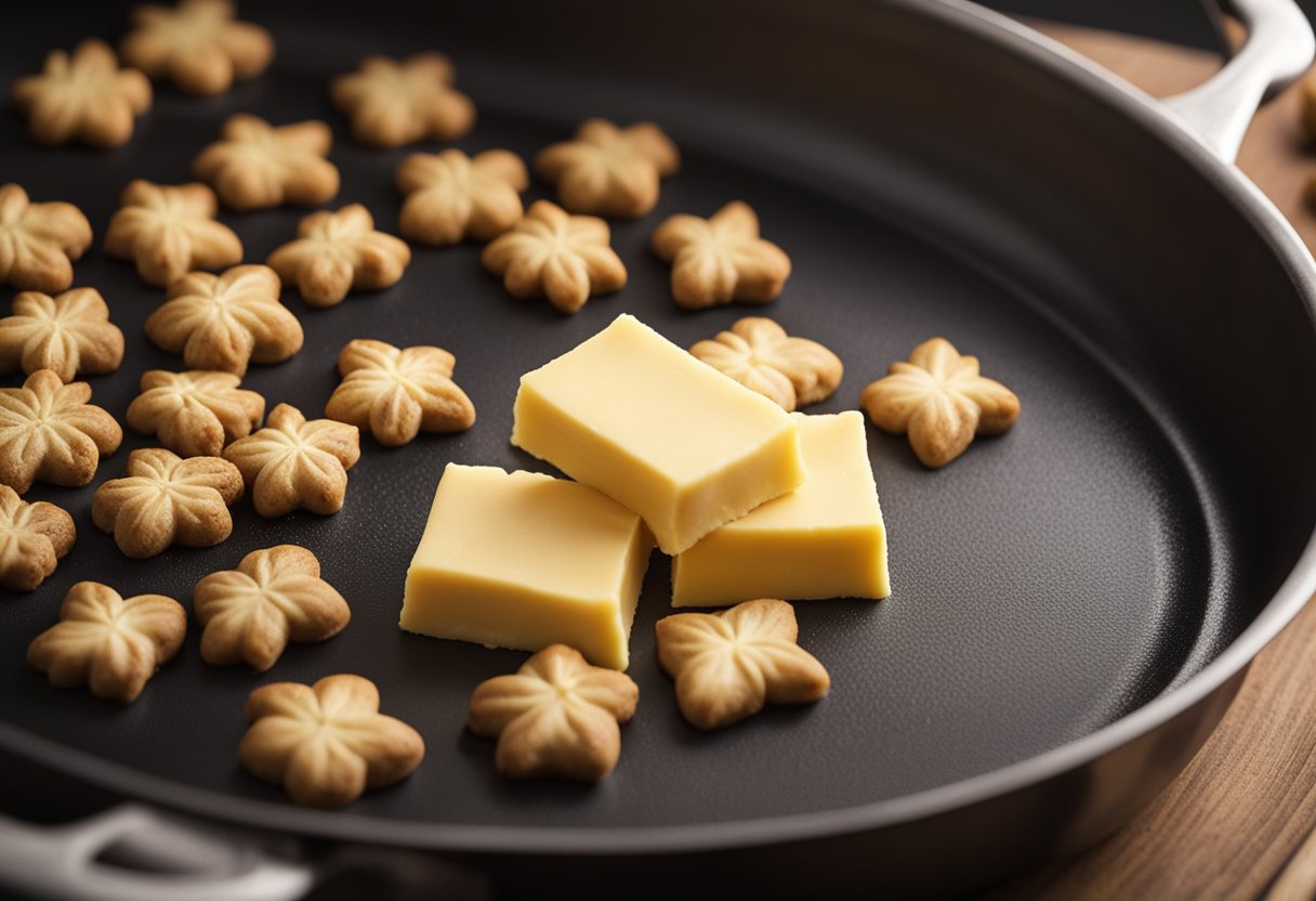 Butter sizzling in a pan, turning golden brown. A rich, nutty aroma fills the air as the butter transforms, adding depth to the cookies