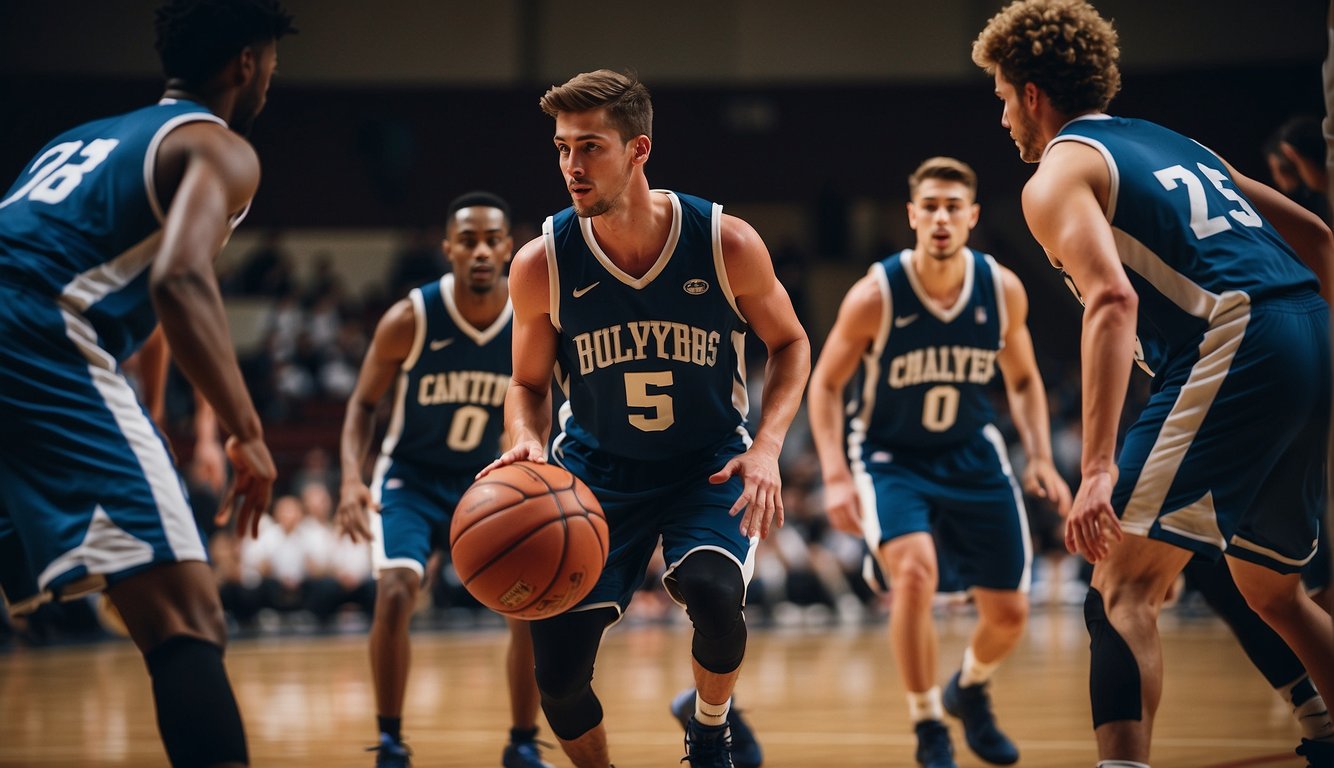 Players dribbling, shooting, and passing on a basketball court, with a sense of teamwork and camaraderie evident. The competitive yet supportive atmosphere promotes mental resilience and physical well-being