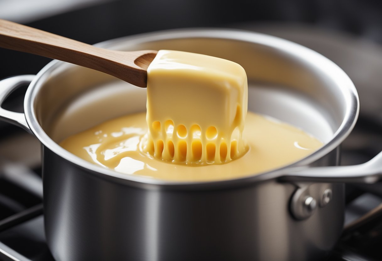 A stick of butter melts in a saucepan, gradually turning golden brown with a nutty aroma. The bubbles subside as the butter reaches the perfect caramel hue