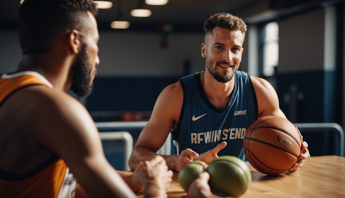 A basketball player receives dietary and lifestyle advice from a coach or nutritionist