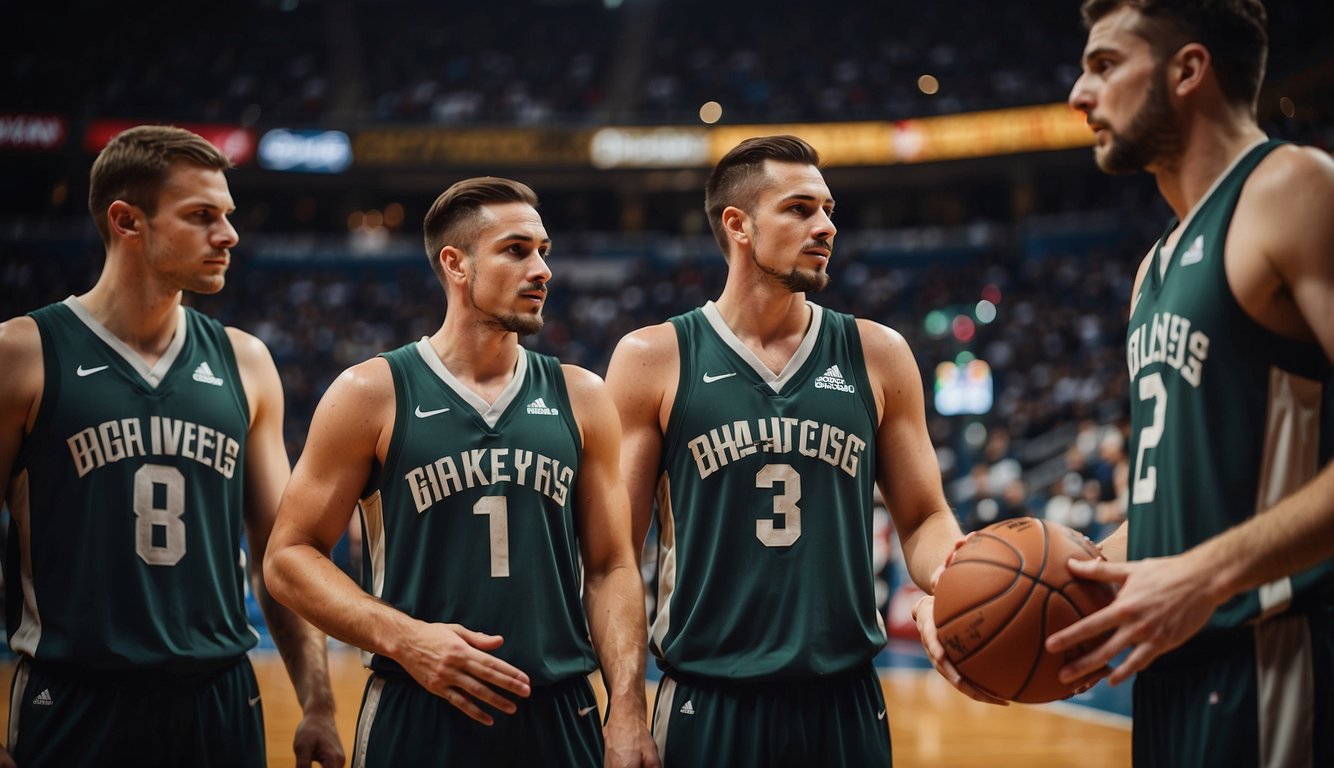 Players strategize on the court, demonstrating technical skills in basketball