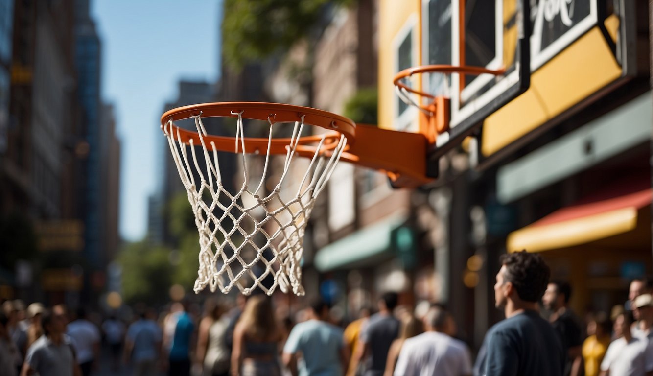 A basketball hoop stands tall in a vibrant urban setting, surrounded by diverse cultural symbols and energetic spectators