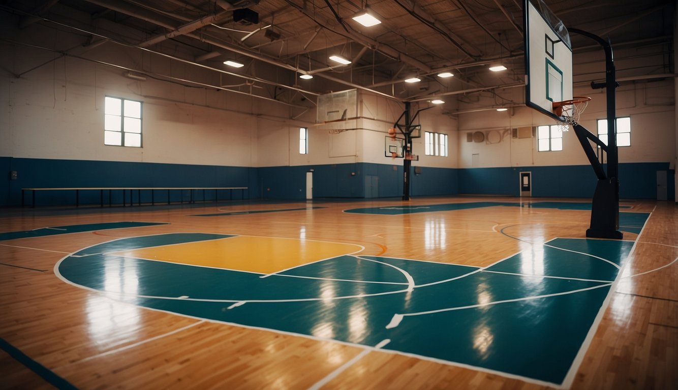 A basketball court with hoops, balls, and proper lighting and flooring