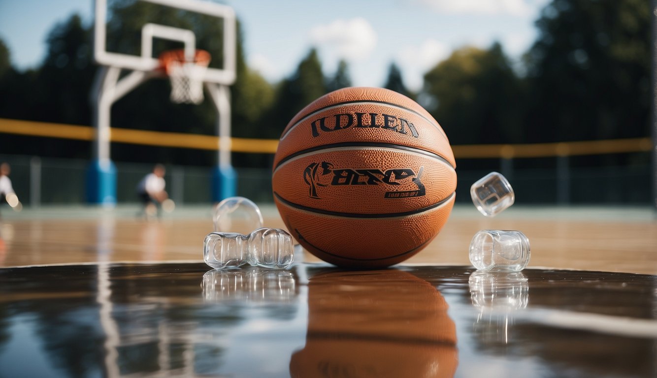 A basketball bouncing on a court, surrounded by empty water bottles and sports equipment