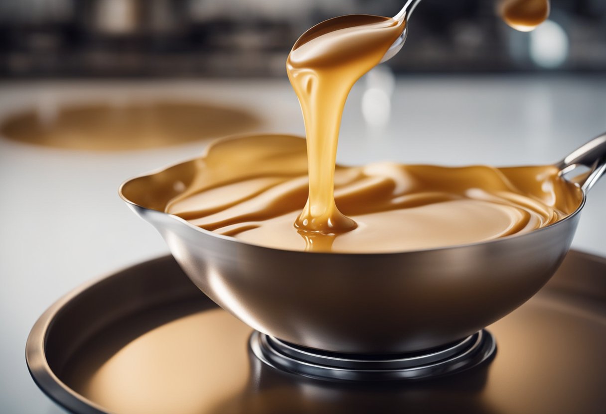 A golden, caramel-colored liquid swirls in a hot pan, emitting a nutty aroma. Small browned milk solids float in the rich, glossy butter
