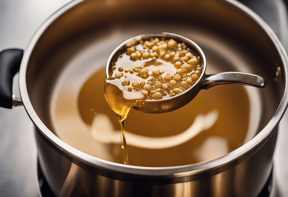 A golden, bubbling pot of brown butter sits on a stovetop, emitting a rich, nutty aroma. The butter has turned a deep, caramel color, with small, crispy browned bits floating in the liquid