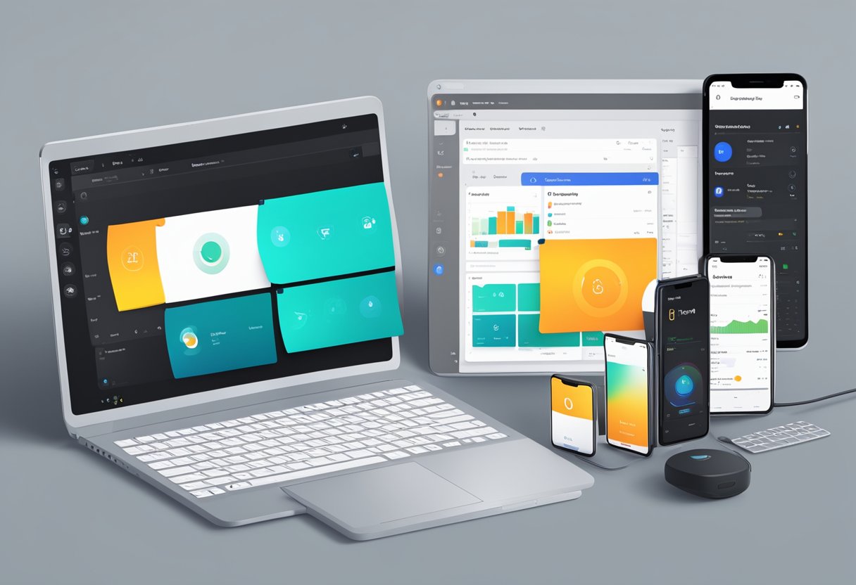 Various electronic devices displaying dark mode settings, with a focus on turning off dark mode on the Outlook application