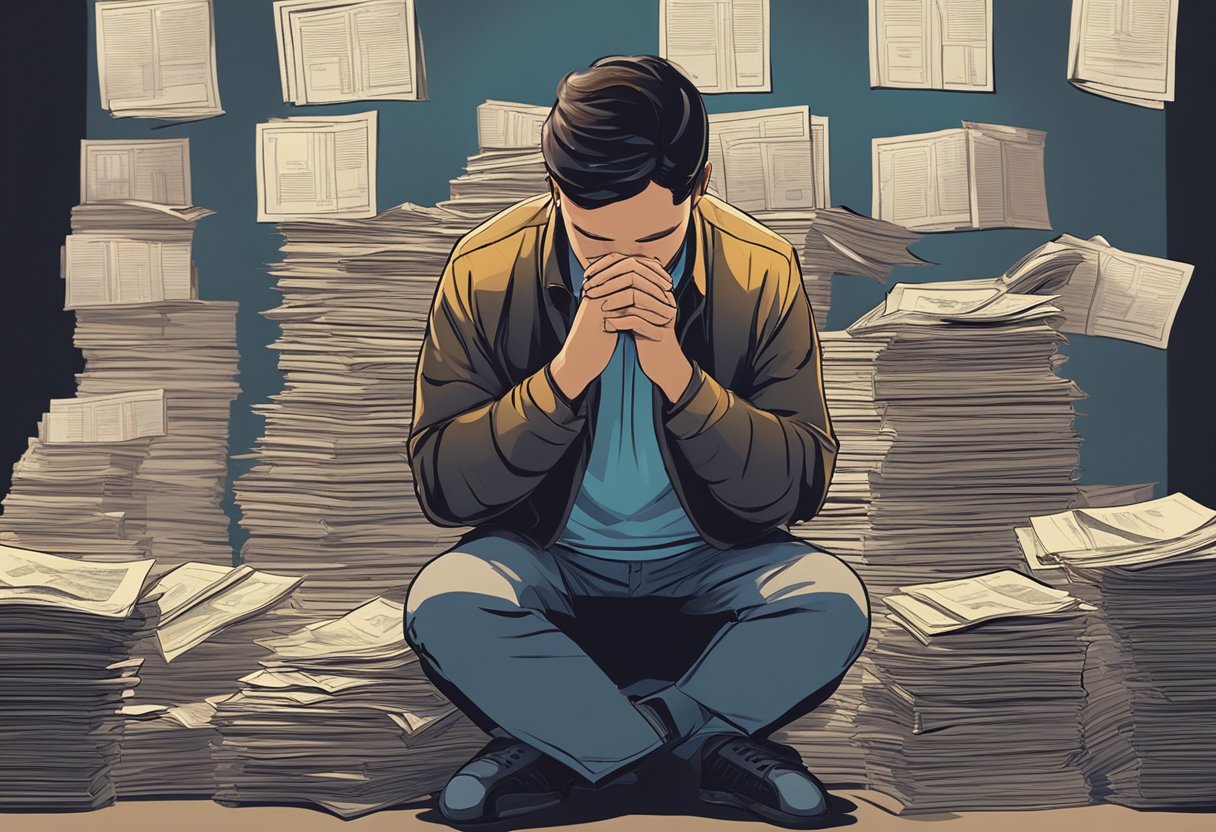 A person kneels in a dimly lit room, surrounded by stacks of bills and financial documents. They clasp their hands together in prayer, eyes closed in hopeful anticipation