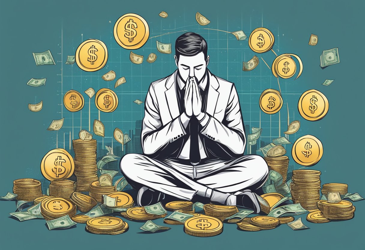 A person surrounded by money symbols and charts, praying with determination for a financial breakthrough