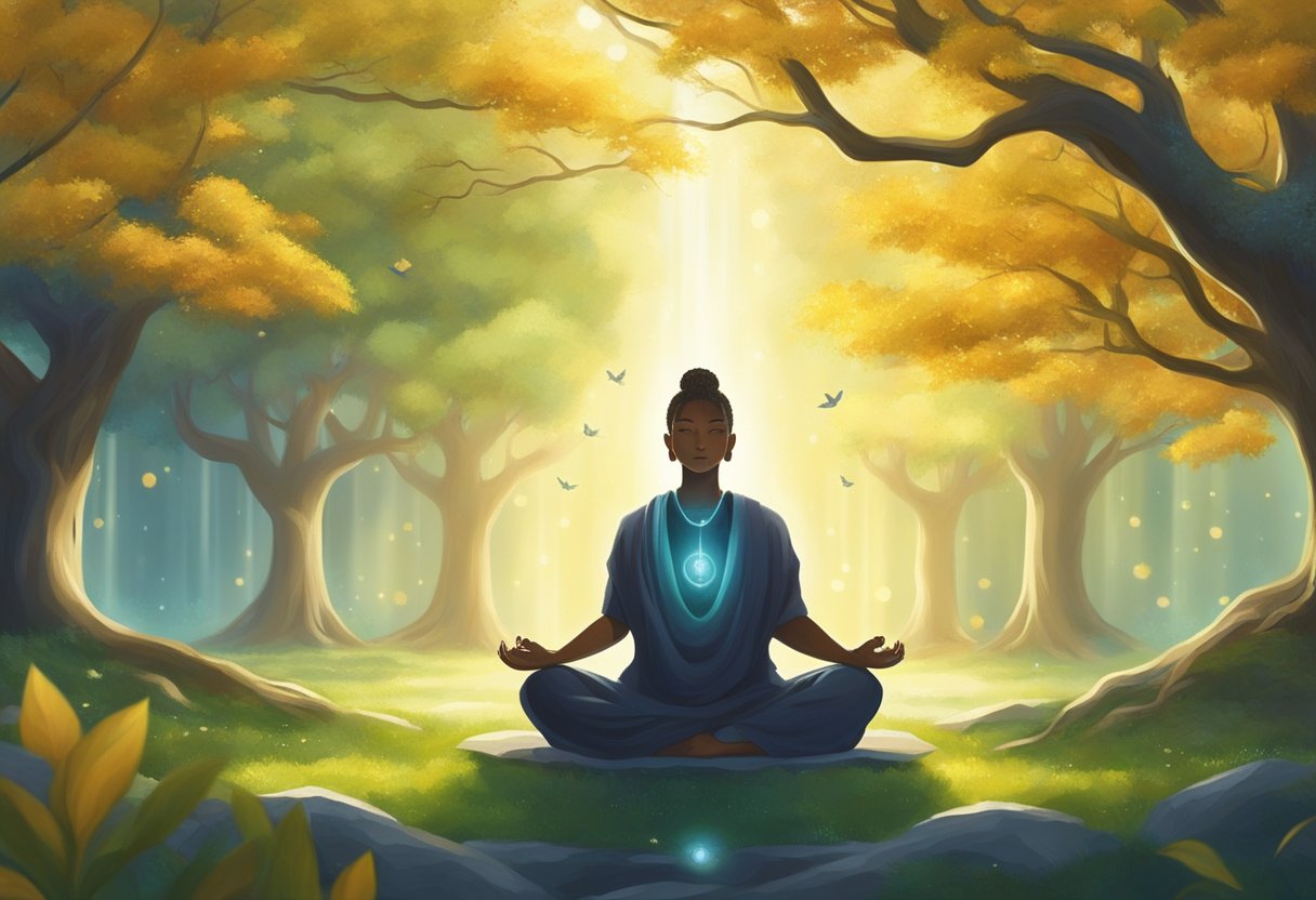 A serene figure meditates under a tree, surrounded by symbols of prosperity and abundance. Rays of light shine down, evoking a sense of hope and spiritual connection