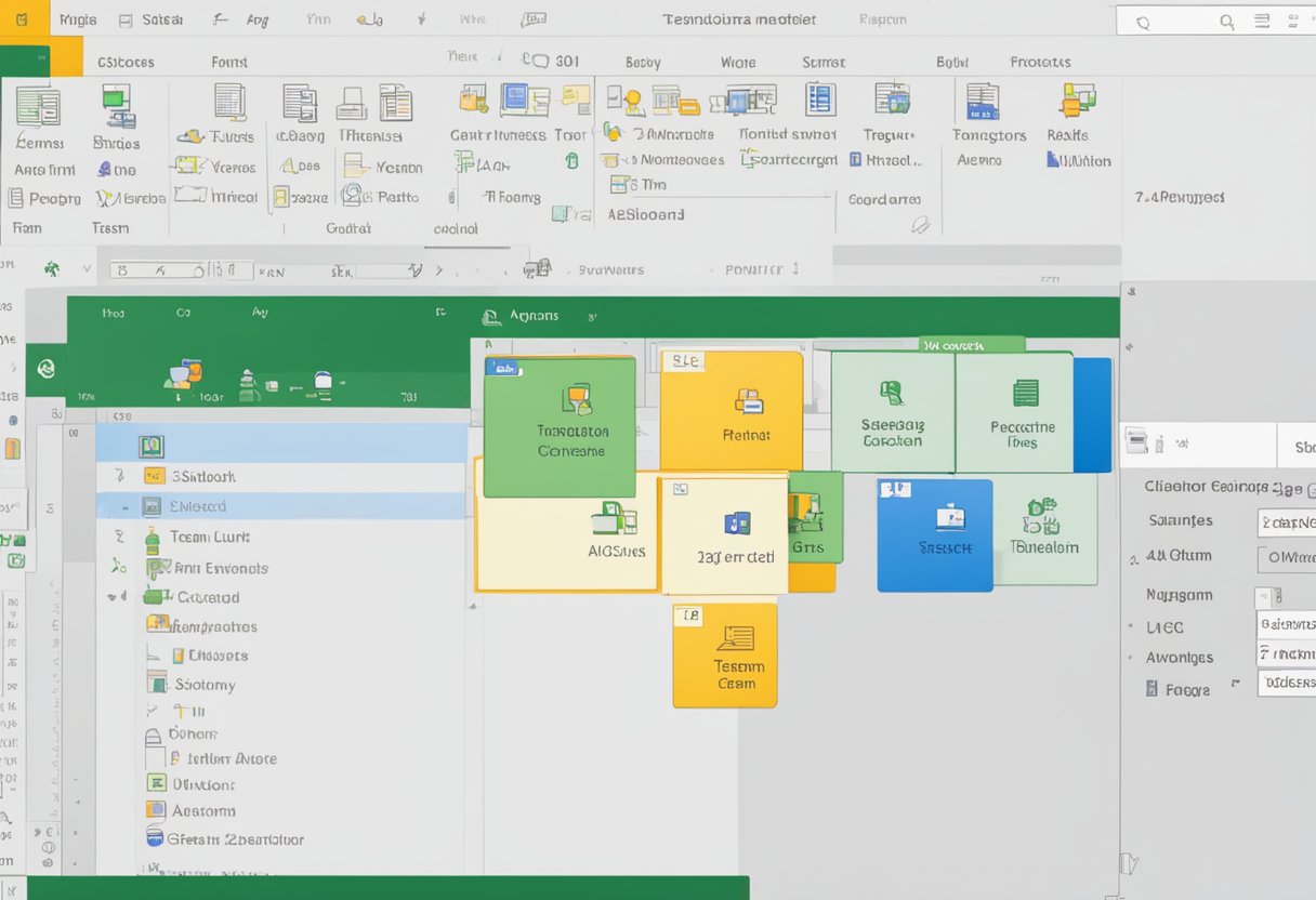 Team status icons in Outlook toolbar. Green for available, red for busy, yellow for away. Team members' names listed with corresponding icons