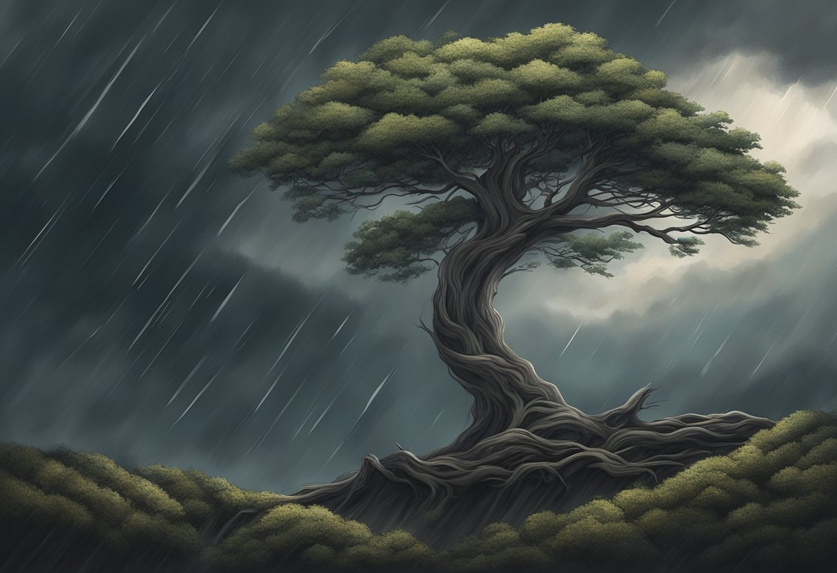 A lone tree stands tall amidst a storm, its branches reaching out defiantly against the wind and rain. The dark clouds loom overhead, but the tree stands strong, symbolizing resilience and courage in the face of adversity