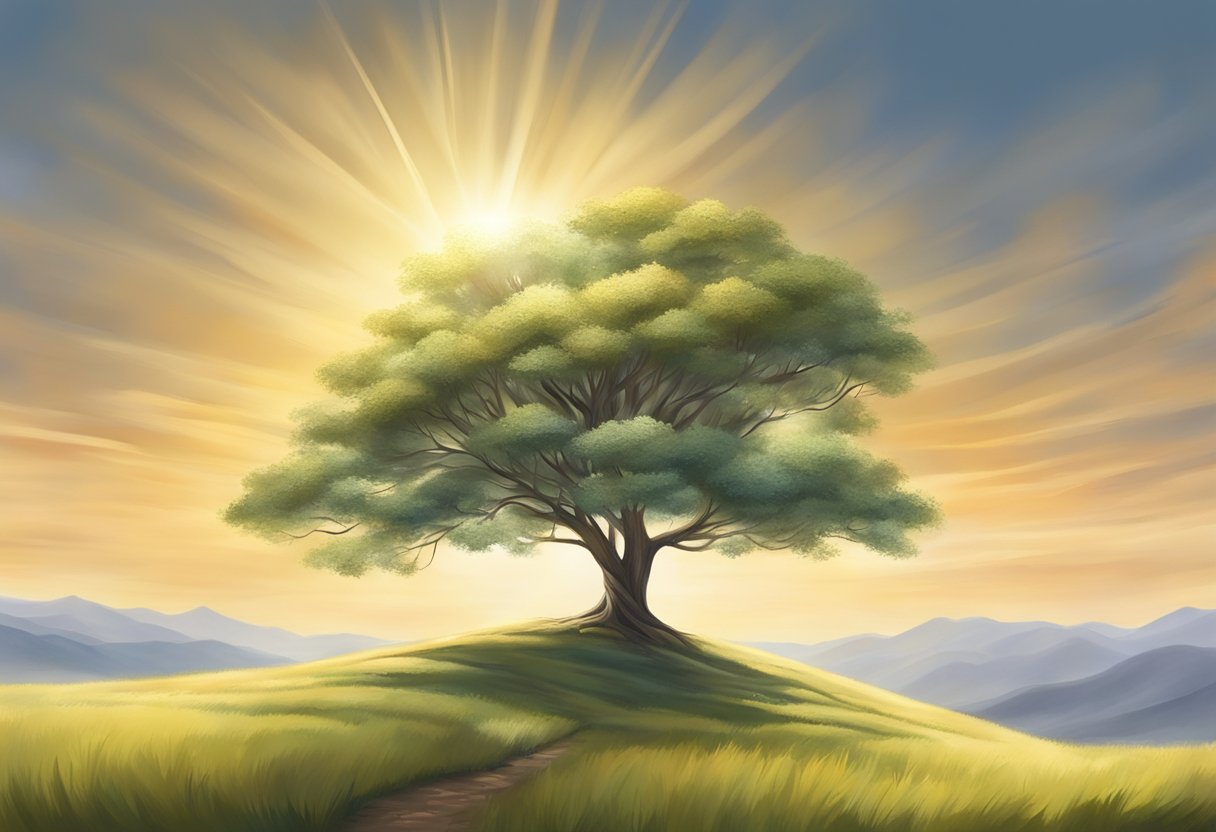 A serene, sunlit landscape with a lone tree standing tall against the wind, symbolizing strength and courage in the face of life's challenges
