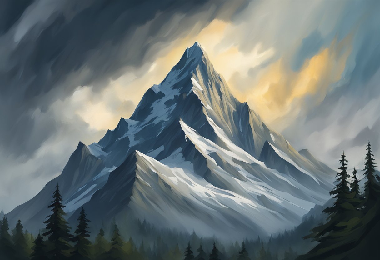A mountain peak stands tall against a stormy sky, symbolizing the strength and courage needed to overcome life's challenges