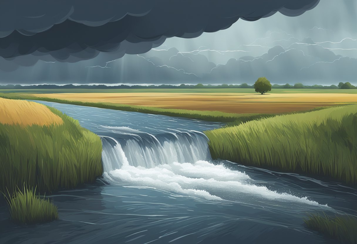 A river overflowing onto nearby fields, with dark clouds in the sky and a weather forecast on a screen showing heavy rain