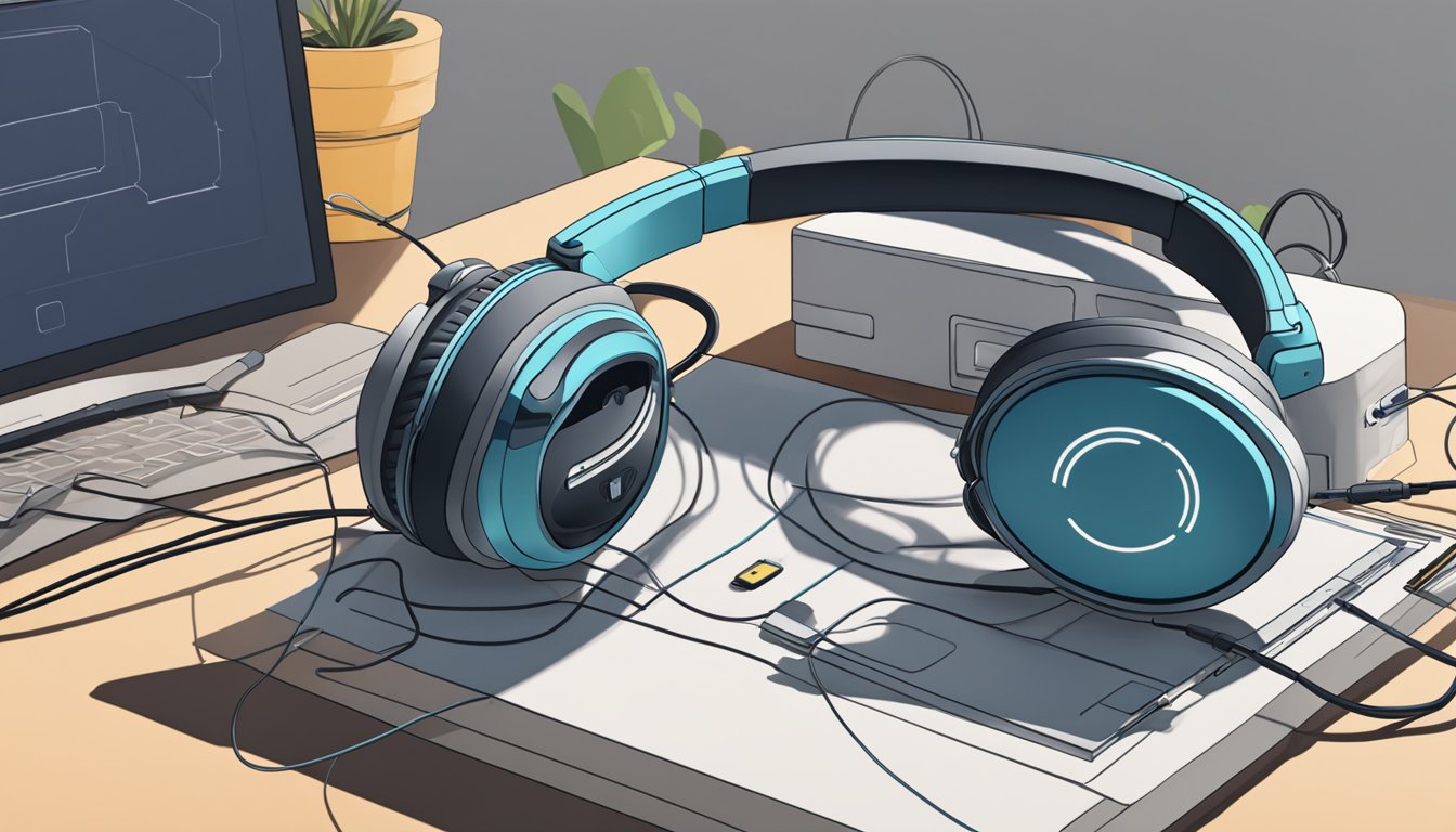 JLab headphones lay lifeless on a desk, surrounded by a tangle of cords. The power button remains unresponsive despite multiple attempts to turn them on
