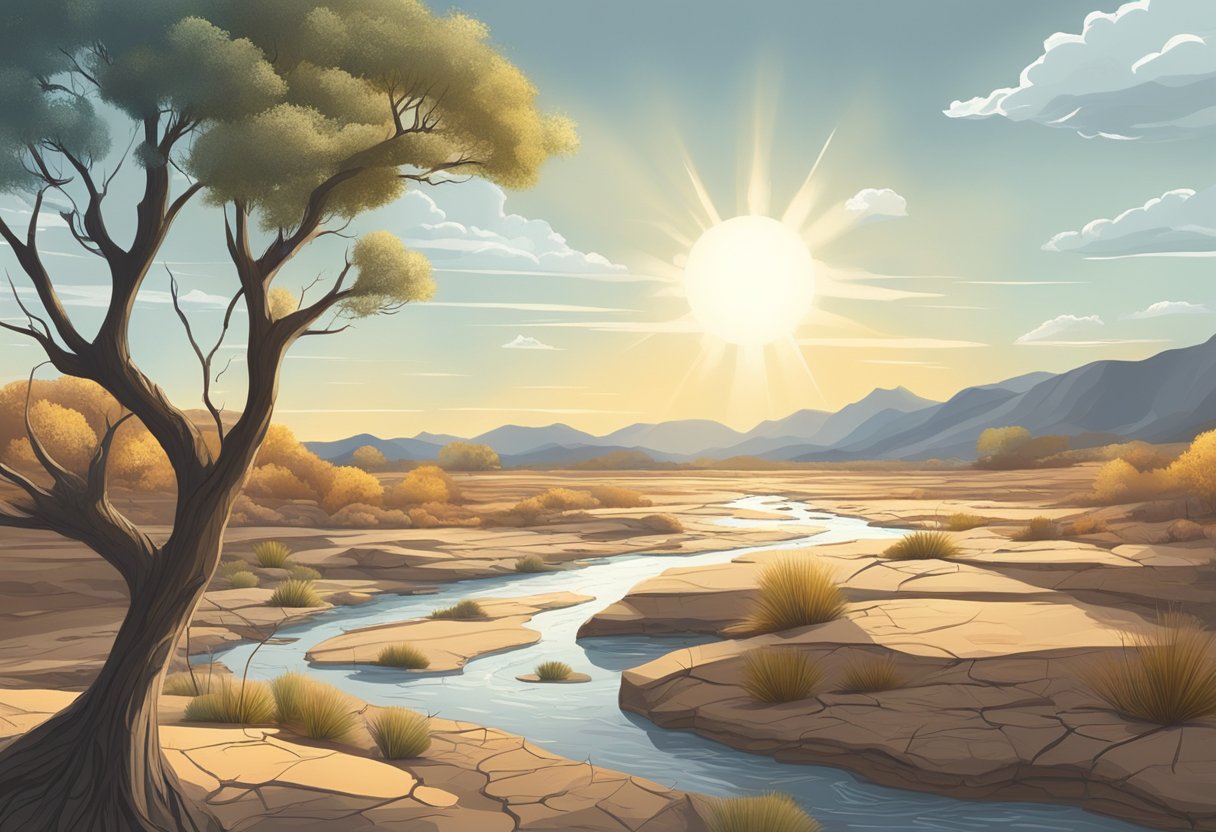 A river flowing through a dry, cracked landscape with low water levels and dying vegetation. The sun beats down on the scene, emphasizing the impact of climate on hydrology