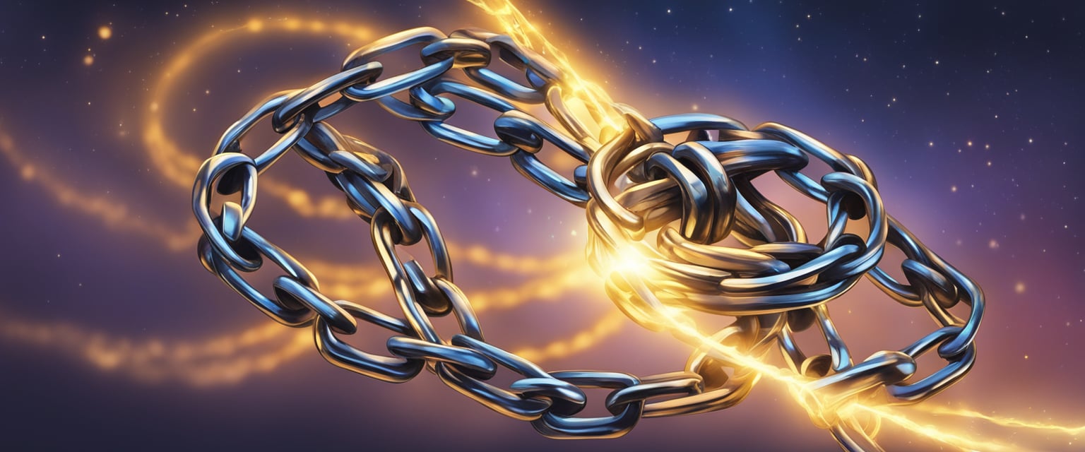 A broken chain symbolizing freedom from limiting beliefs, surrounded by glowing light representing subconscious mind reprogramming