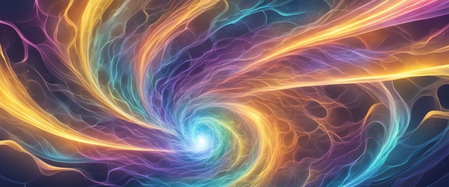 A swirling vortex of colorful energy surrounds a glowing brain, with beams of light penetrating its surface, symbolizing subconscious mind reprogramming