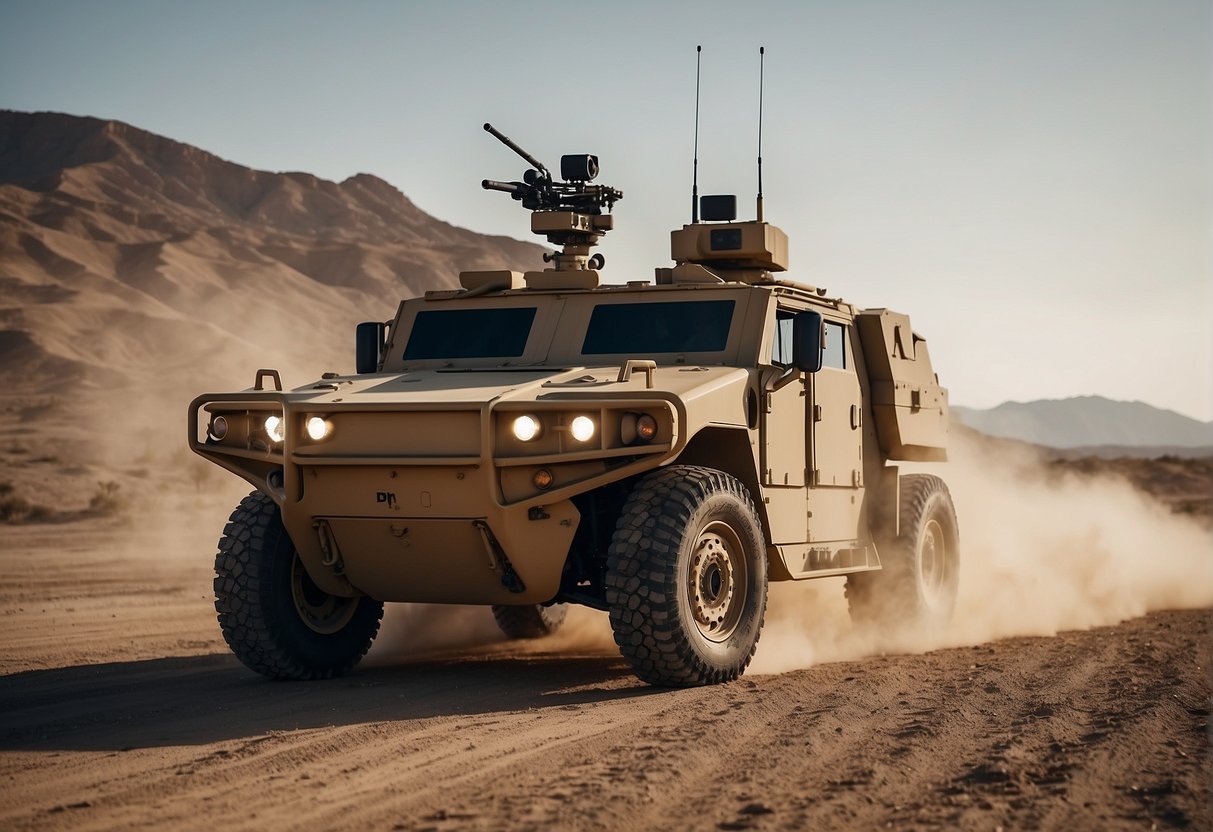 Military vehicles and drones equipped with AI technology, enhancing intelligence and defense systems in a national security setting