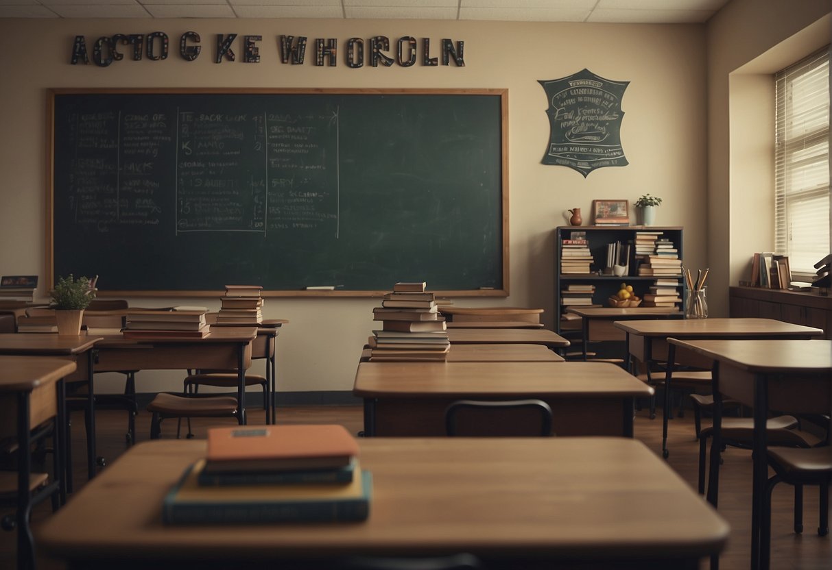 A classroom with books flying off shelves, pencils rolling away, and a chalkboard with comical quotes about school