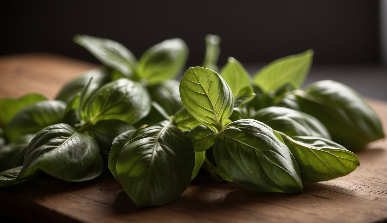 Fresh basil and holy basil leaves are placed side by side on a cutting board, showcasing their distinct shapes, textures, and fragrances