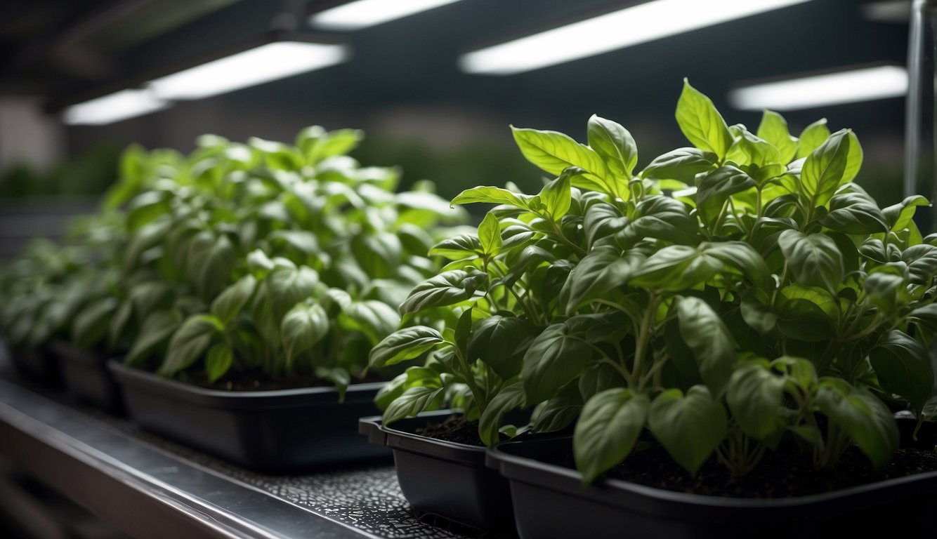 Basil and holy basil plants side by side, with basil being stored in a cool, dry place, while holy basil is being processed into essential oil