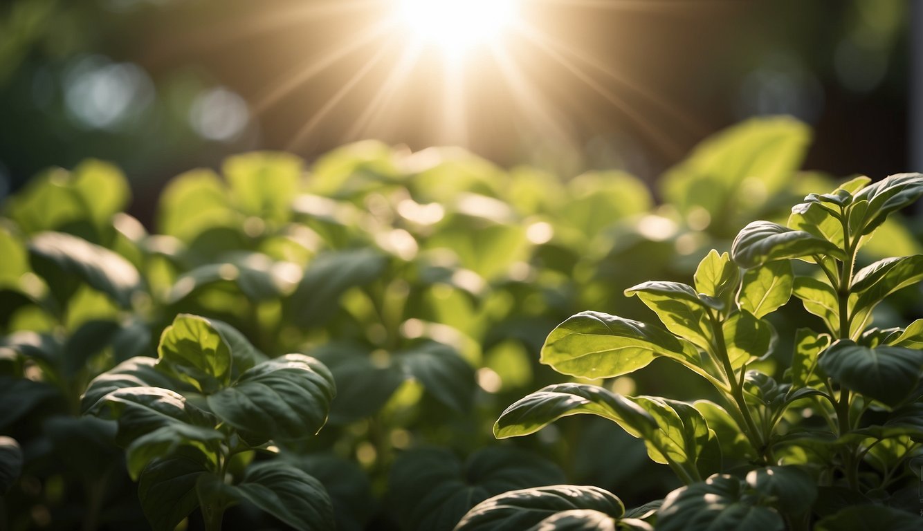Sunlight filters through the leaves of basil and holy basil, casting a warm glow. The air is filled with the distinct aroma of the herbs, creating a sense of calm and serenity