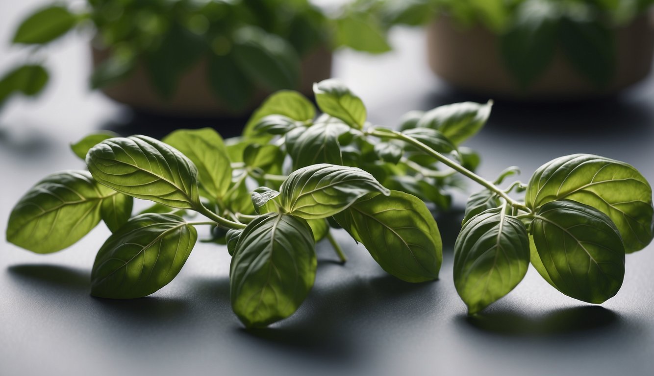Basil and holy basil leaves side by side, with labeled chemical compounds highlighted
