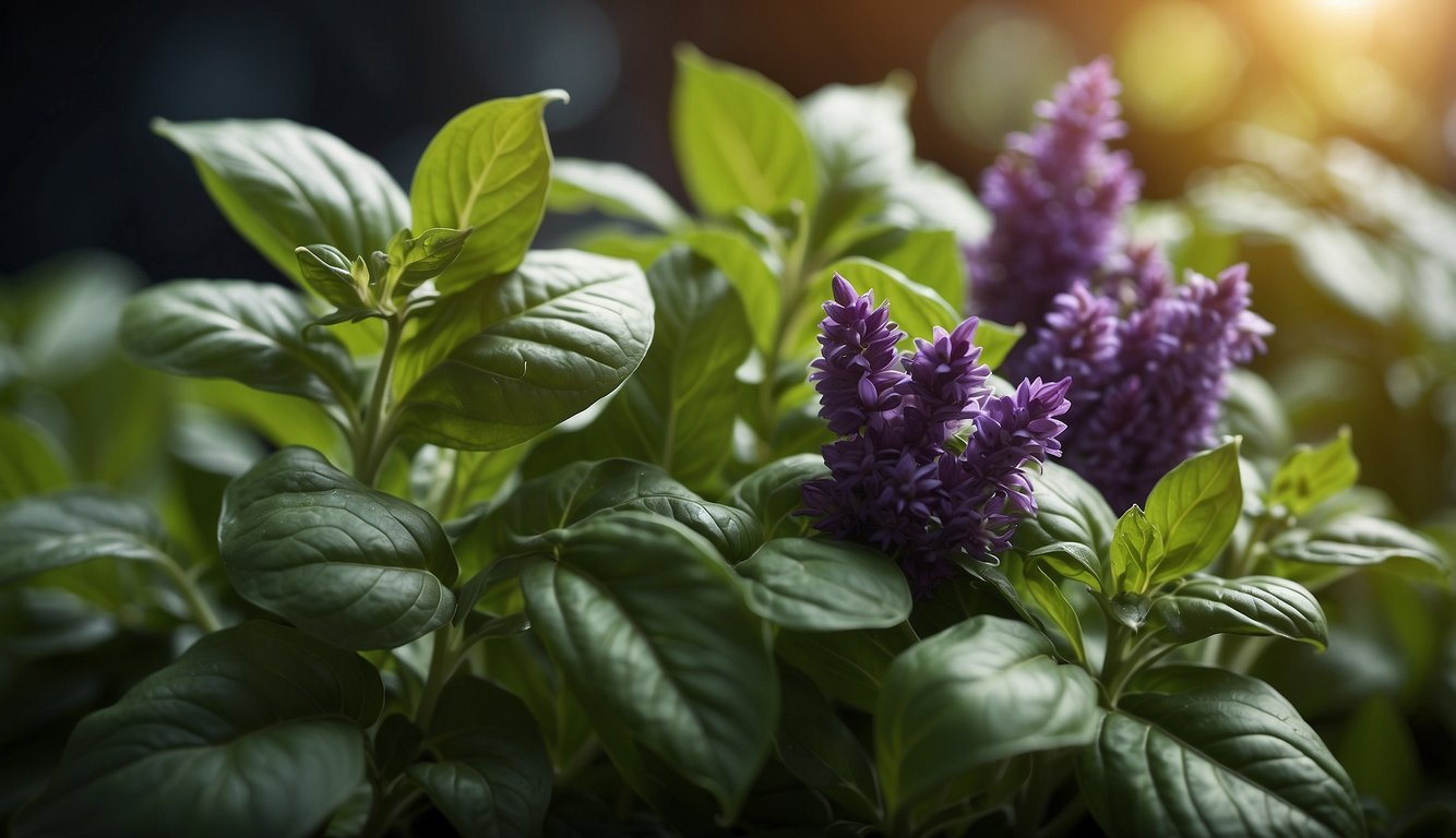 Basil and holy basil side by side, with distinct leaves and colors. One is green with a strong, sweet scent, while the other has purple stems and a spicy fragrance